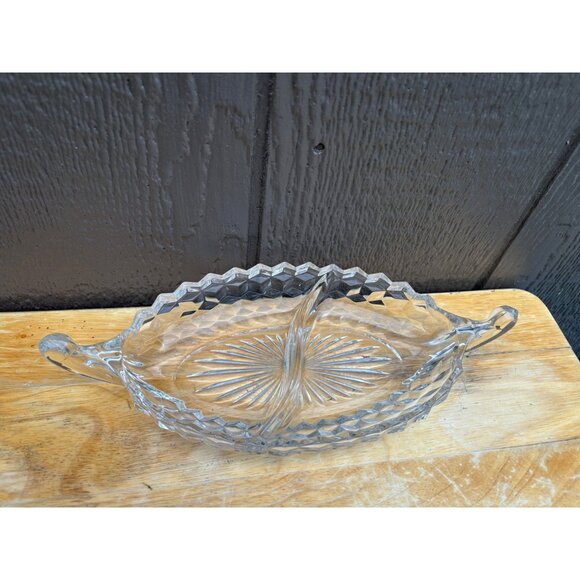Vintage Fostoria Clear Glass 12" Divided Relish Dish Handles & Diamond Pattern - Picture 2 of 7